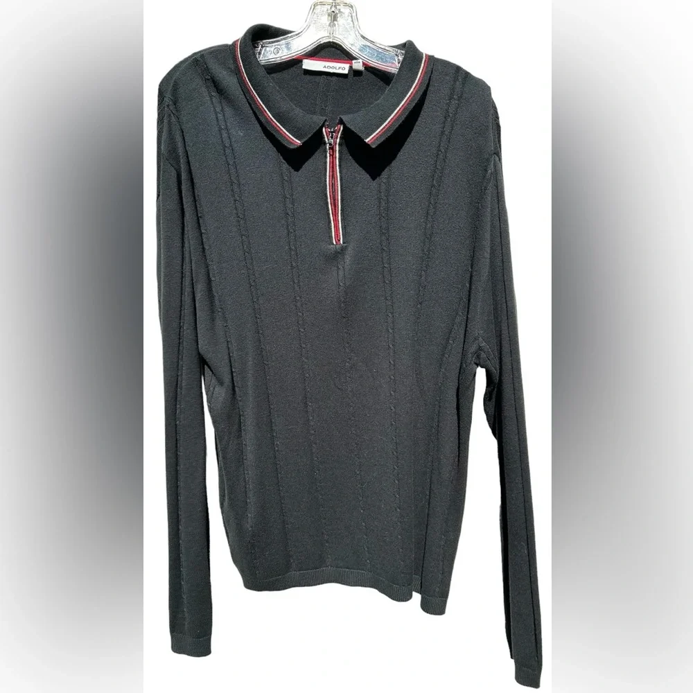 Vintage ADOLFO Italy Black Cotton 1/4 Zip Long Sleeve Collar 90s Sweater Size L